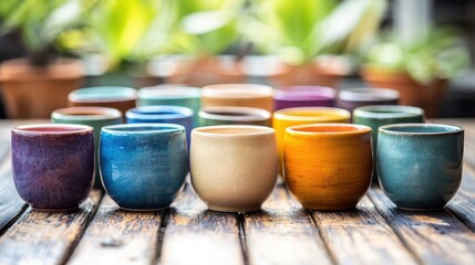 Colorful ceramic cups arranged on a wooden table with a blurred garden background, showcasing artistry and vibrant design in a cozy setting.