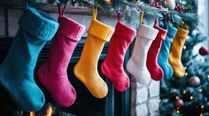 Colorful Christmas stockings hanging by the fireplace, festive holiday decoration, family tradition, cozy winter atmosphere