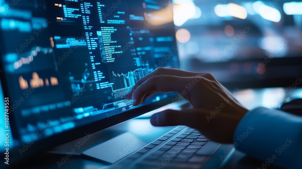 Poster technology background featuring an analyst working on a computer with a dashboard displaying key per