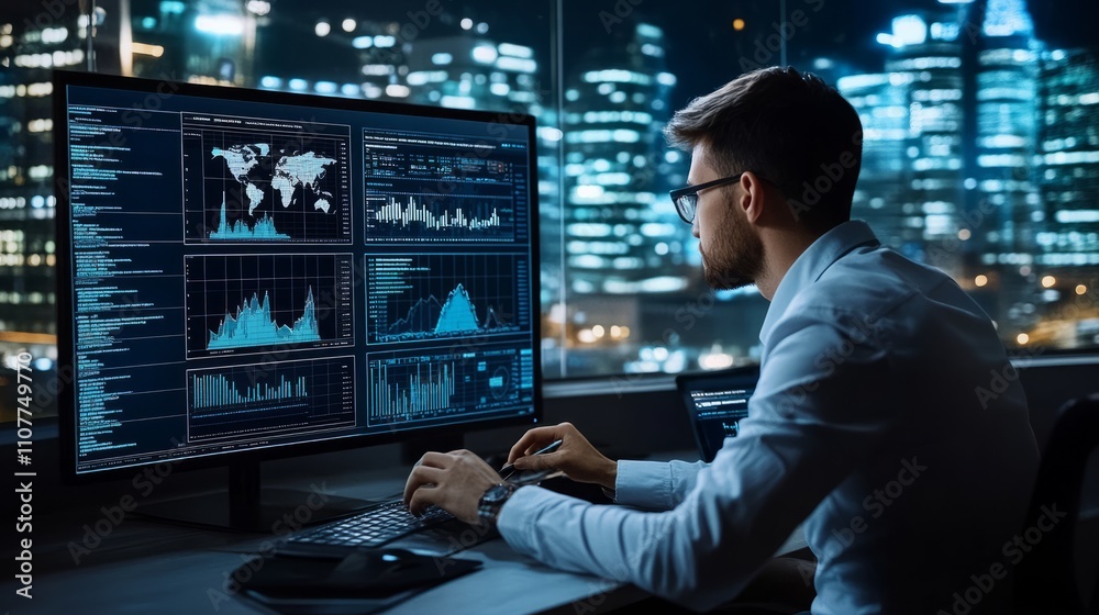Poster technology background featuring an analyst using a computer with a digital dashboard for data busine