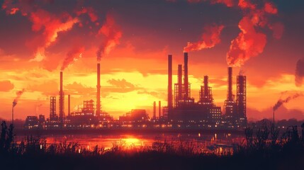 Fototapeta premium Fiery sunset over industrial complex, smoke stacks emitting pollution into a dramatic sky.