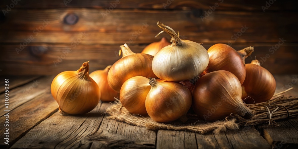 Poster A cluster of golden onions rests on a rustic wooden surface, bathed in a warm glow.  The onions' smooth skins and delicate textures create a sense of rustic charm.