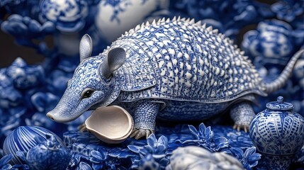 Obraz premium Blue And White Porcelain Armadillo Sculpture