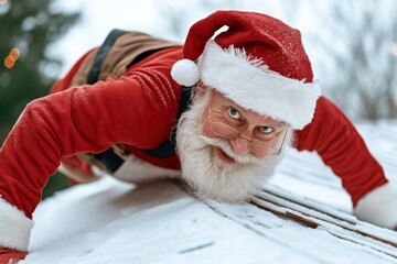 Santa Claus performs push-ups on a snowy roof during the festive season as he prepares for Christmas Eve deliveries