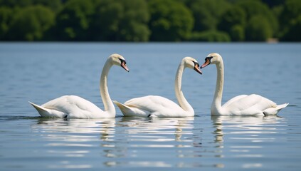 Obraz premium Three graceful swans glide serenely across calm water captured with an artistic touch