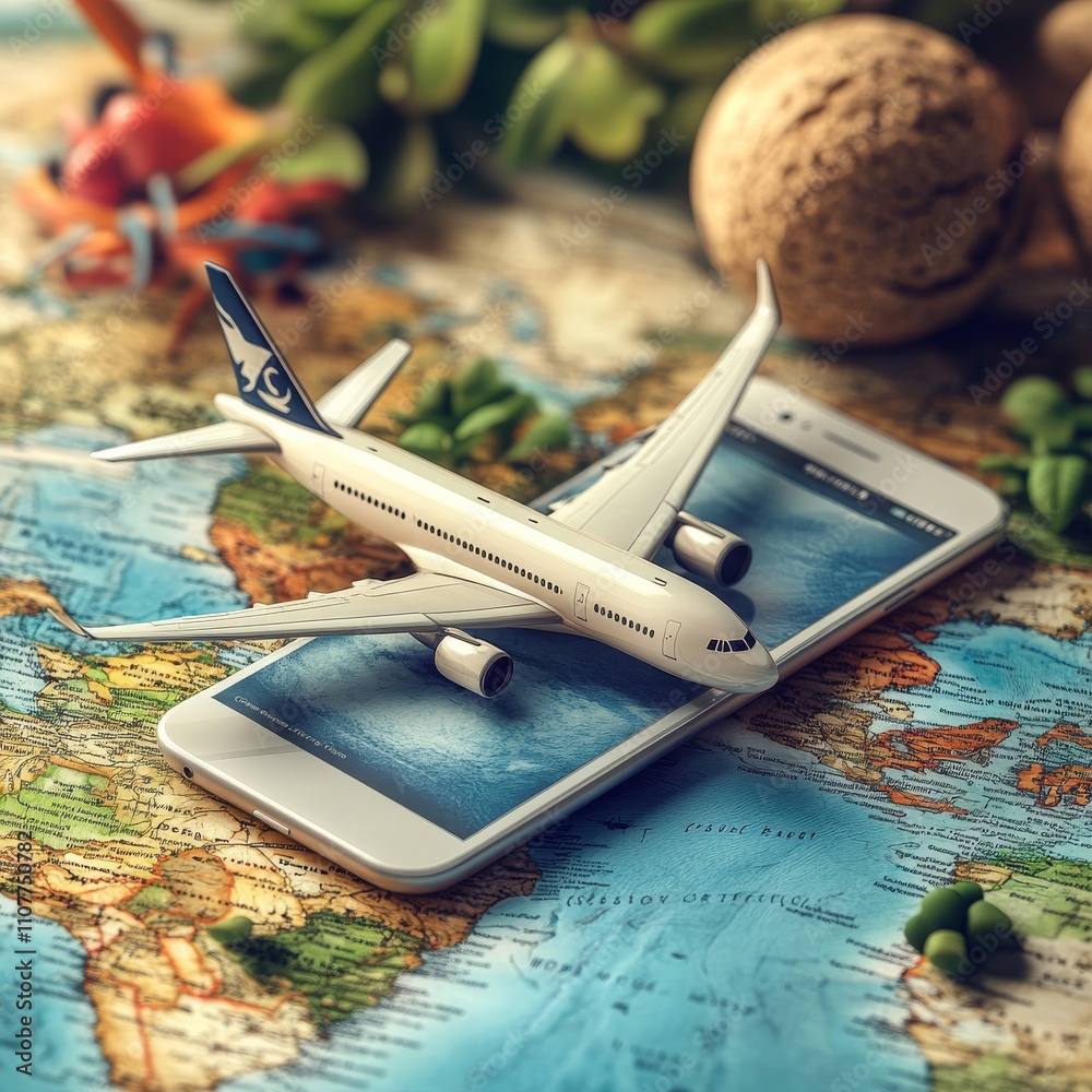 Poster Passport air ticket and credit card with world map on smartphone. Globe and red location pin in front airplane is taking off. For media tourism ads design. Travel transport concept. 3D Vector EPS10.