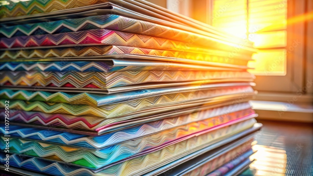 Aufkleber A stack of colorful patterned books, with a warm glow of sunlight streaming through a window, creating a captivating visual composition.