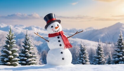 Obraz premium Joyful Snowman in Winter Wonderland Mountain Scenery: A Festive Holiday Scene
