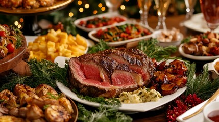 of a gourmet food display on a dining table, with perfectly arranged dishes, including seared steak, roasted vegetables, and delicate sauces 