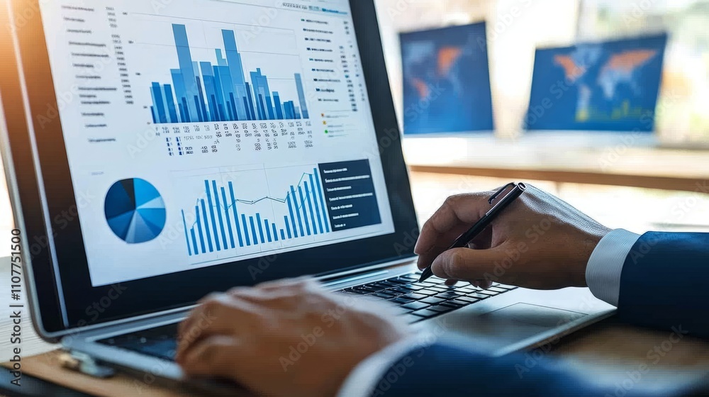Poster technology background featuring an analyst using a computer with a digital dashboard for data busine