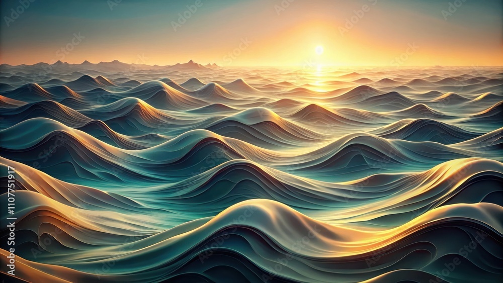 Poster A sea of abstract waves basking in the golden glow of a setting sun, creating a mesmerizing interplay of light and shadow.