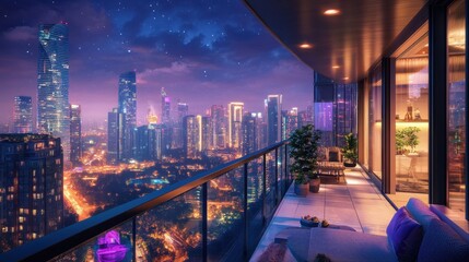 Obraz premium An elegant balcony overlooking a mesmerizing urban skyline at night, the dazzling lights forming a dynamic cityscape panorama