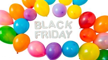White lettering "BLACK FRIDAY" in the center, surrounded by multi-colored balloons on a transparent background.