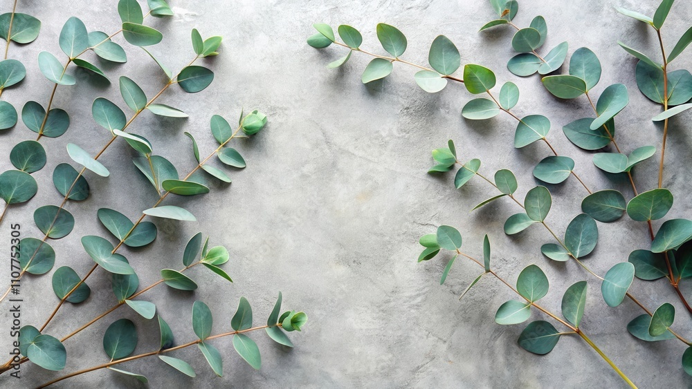 Poster a decorative arrangement of eucalyptus branches creates a natural frame on a textured gray backgroun
