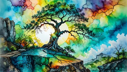 A tree with a large trunk and a small tree growing out of it