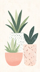 A cute boho illustration of three potted plants in the style of soft, pastel colors and minimal shapes.