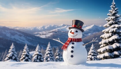 Obraz premium Joyful Snowman in a Winter Wonderland Mountain Landscape: A Festive Scene of Snow, Mountains, and Evergreens