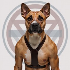 Obraz premium Male pup depicted with a leather harness showcasing circular rainbow emblem against no background