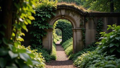 Fototapeta premium A serene archway amidst an abandoned garden setting