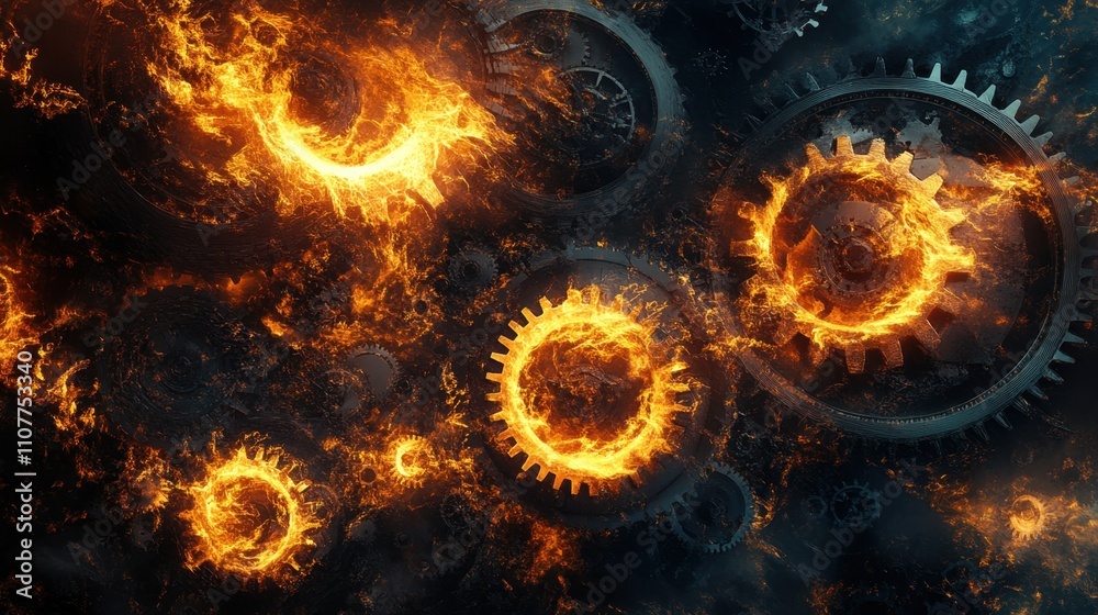 Fototapete flames weaving through a complex set of gears and cogs, each glowing element representing global ind