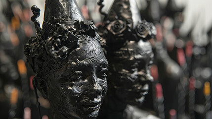 Contemporary sculptures made of black material with detailed features of heads in birthday hats creating a unique festive atmosphere