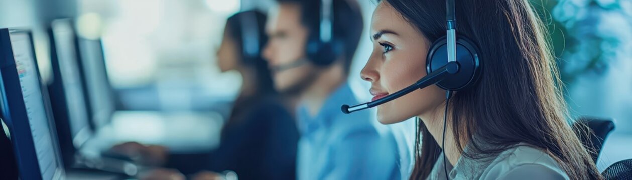 Focused call center agents wearing headsets working with clients in an office environment, providing professional customer service assistance.