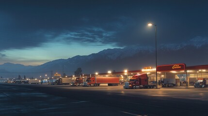 Night scene at a truck stop with mountains in the background.
