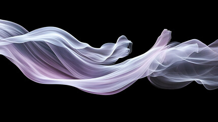 Fototapeta premium Abstract flowing fabric, smoky, light purple and white wave on black background.