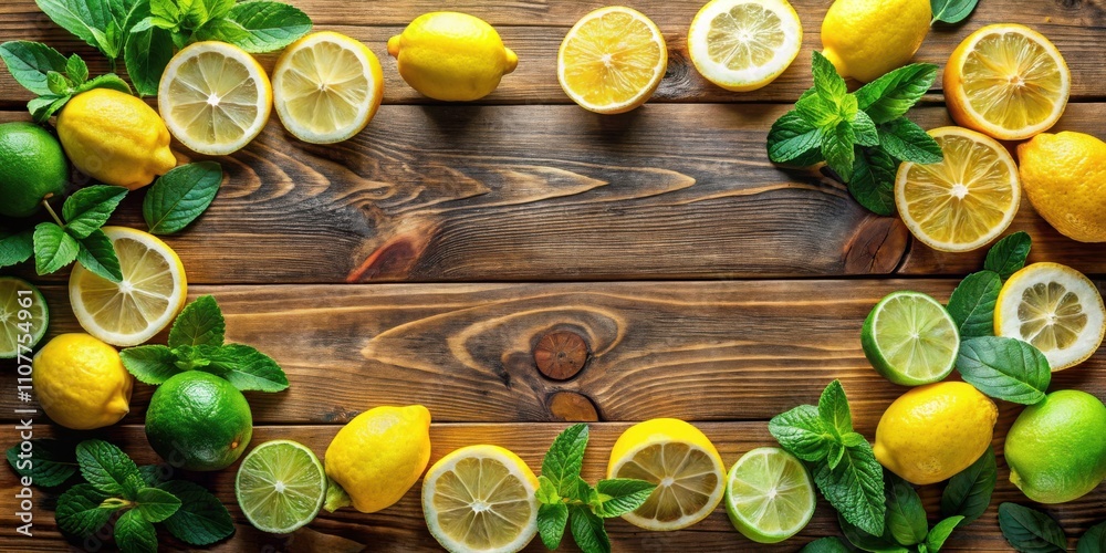 Poster A rustic wooden table is adorned with a vibrant border of fresh lemon and lime slices, interspersed with sprigs of fragrant mint leaves.