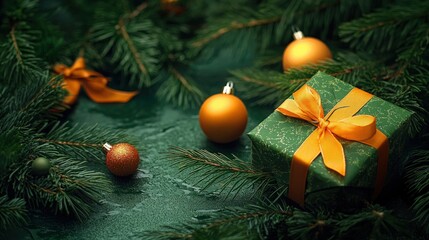 Green Gift Box Surrounded By Festive Ornaments And Pine Branches