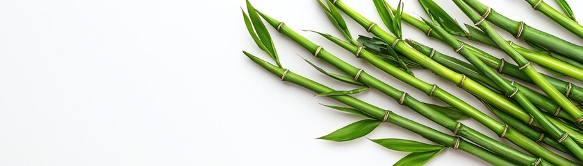 Fototapeta premium Fresh bamboo stalks arranged neatly on a white background, showcasing their vibrant green color and natural beauty.