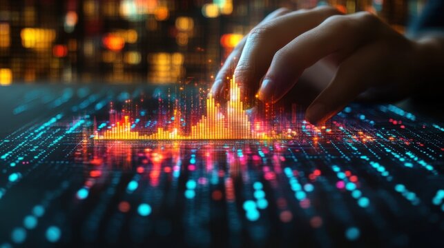 a businessman s or trader s hand is showing a growing virtual hologram stock on a smartphone indicating an investment in trading concept of investment management strategy finance success wealt