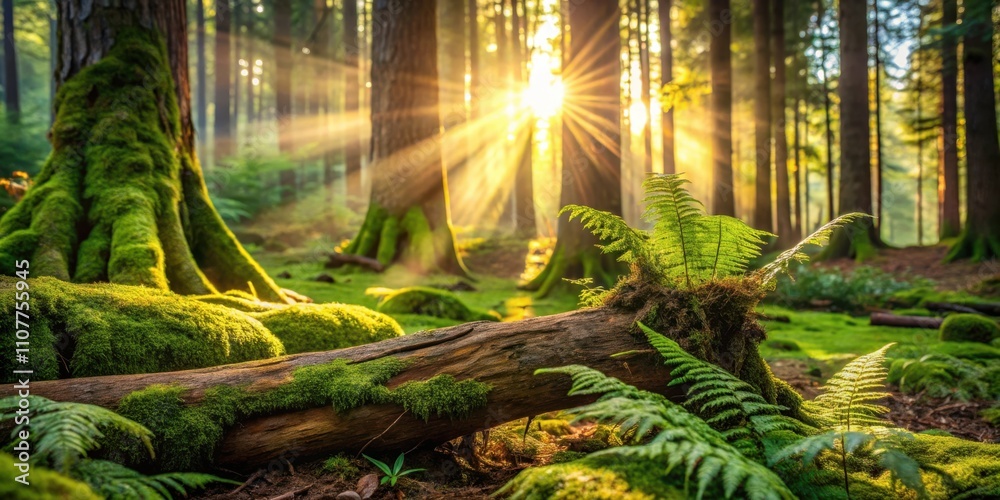 Poster Sunlight Filters Through the Canopy, Illuminating a Lush Forest Floor with Moss-Covered Tree Roots and Vibrant Ferns