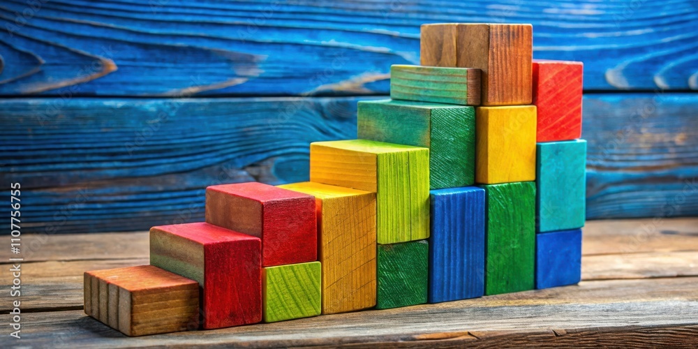 Poster a stack of colorful wooden blocks arranged in a staircase formation, symbolizing growth and progress
