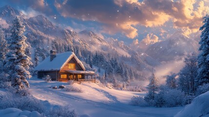 A cozy log cabin amidst a snowy landscape, surrounded by majestic mountains and frosted trees under a colorful sky, Ideal for winter-themed projects, holiday promotions, or relaxation retreats,