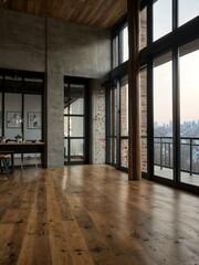 Fototapeta premium Modern loft-style room with a large window and wooden flooring.