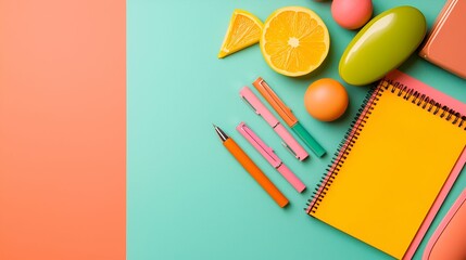 Naklejka premium A vibrant flat lay featuring colorful stationery, fruits, and decorative items against a teal and coral background.