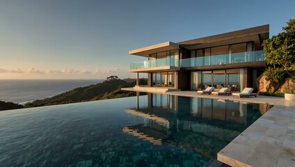 Fototapeta premium Modern luxury estate with infinity pool and ocean view.