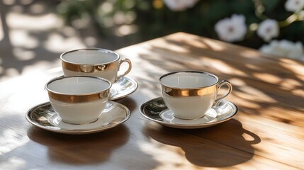 Fototapeta premium Luxury ceramic cups and saucers with glossy glaze, arranged on a polished wood table 