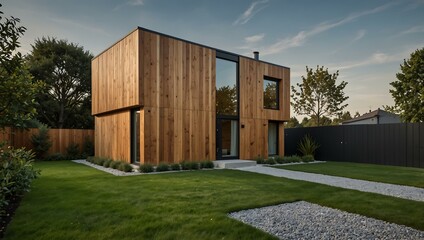 Obraz premium Modern minimalist cube house with wooden cladding and landscaped front yard.
