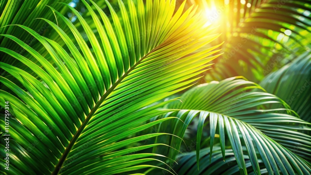 Poster sunlight filtering through palm fronds, creating a natural canopy of lush green leaves