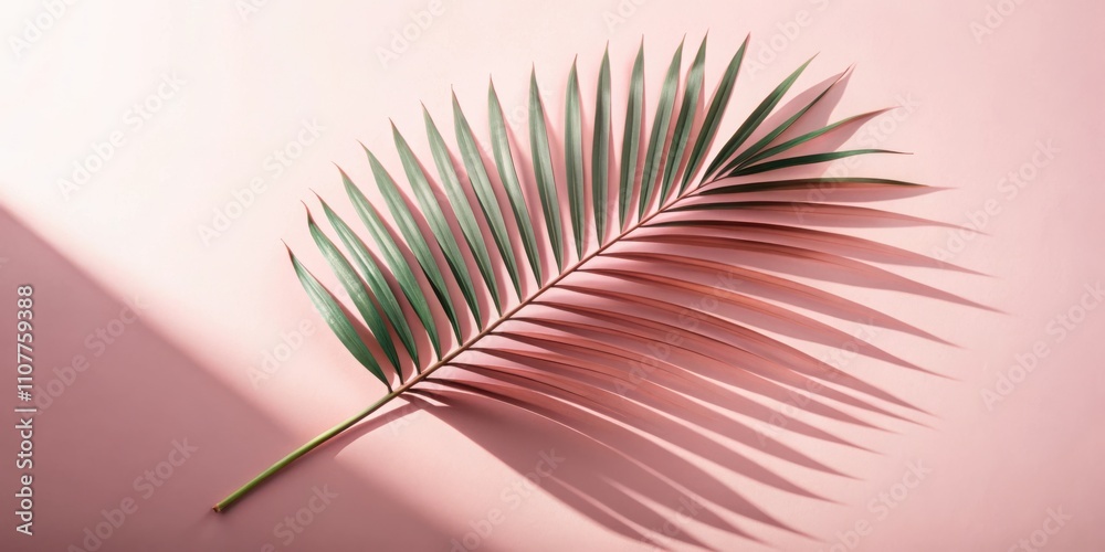 Poster a single green palm frond casts a long shadow on a pink background, showcasing the intricate details