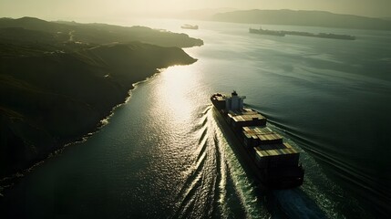 Fototapeta premium Aerial view of a cargo ship with containers moving through a harbor, showcasing logistics and transportation in a global trade scene.