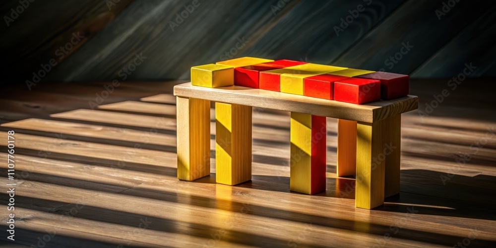 Poster a simple wooden bench crafted from yellow and red building blocks with sunbeams illuminating the sur