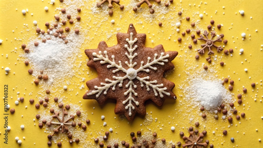 Poster a gingerbread snowflake cookie decorated with white icing and surrounded by sugar and sprinkles on a