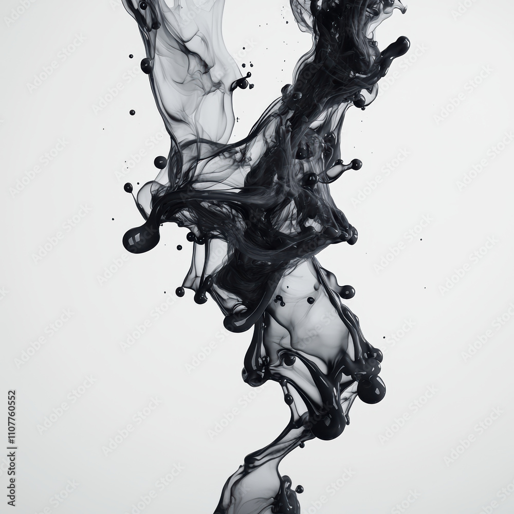 Poster abstract black liquid flowing gracefully against pristine white background, creating mesmerizing vis