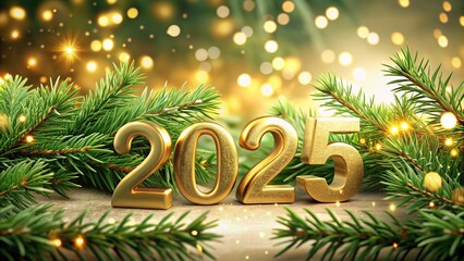 Enjoy a vibrant bokeh effect of golden 2025 intertwined with fir branches and dazzling Christmas lights, set against a rich green background for New Year festivities.