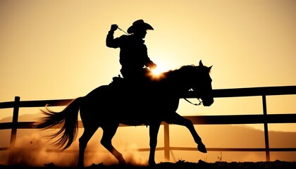 A lone cowboy silhouetted against the sunset, riding a powerful stallion across the vast prairie