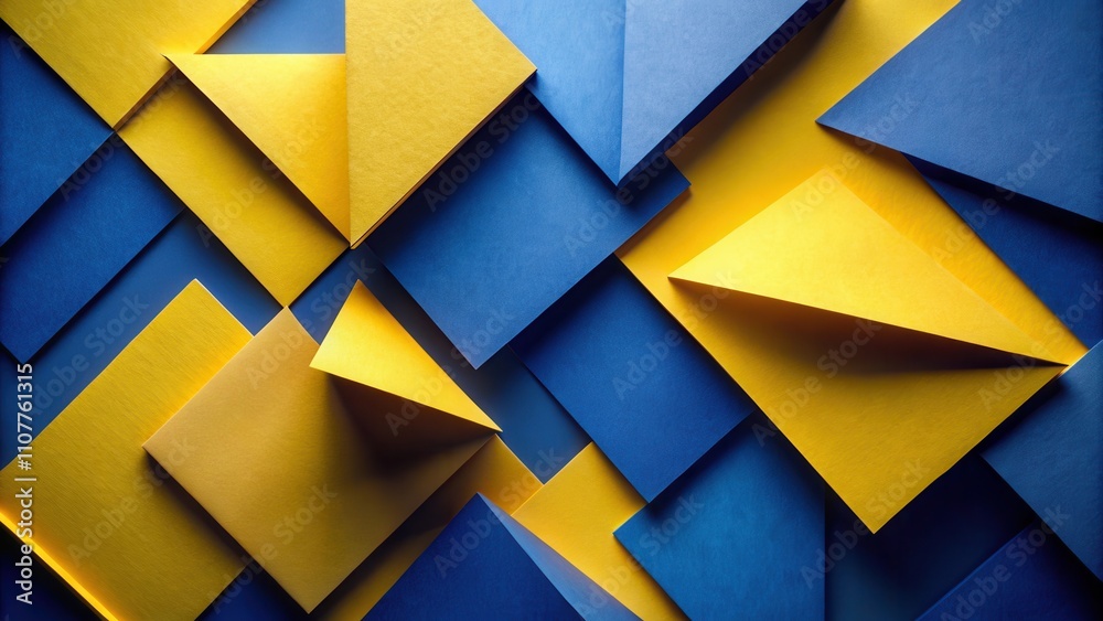 Poster Abstract geometric composition of overlapping yellow and blue paper shapes creating a dynamic visual pattern