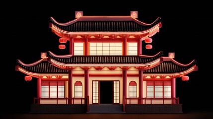 Illuminated Asian Temple at Night Festive Red Lantern Architecture